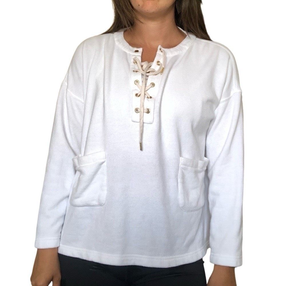 J. Crew White Laced Up Boxy Fit Long Sleeve Top Women Size Large Relaxed Casual